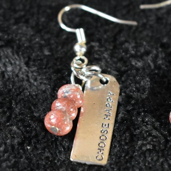 New Choose Happy and Red Jasper Bead Earrings - Picture 4 of 7